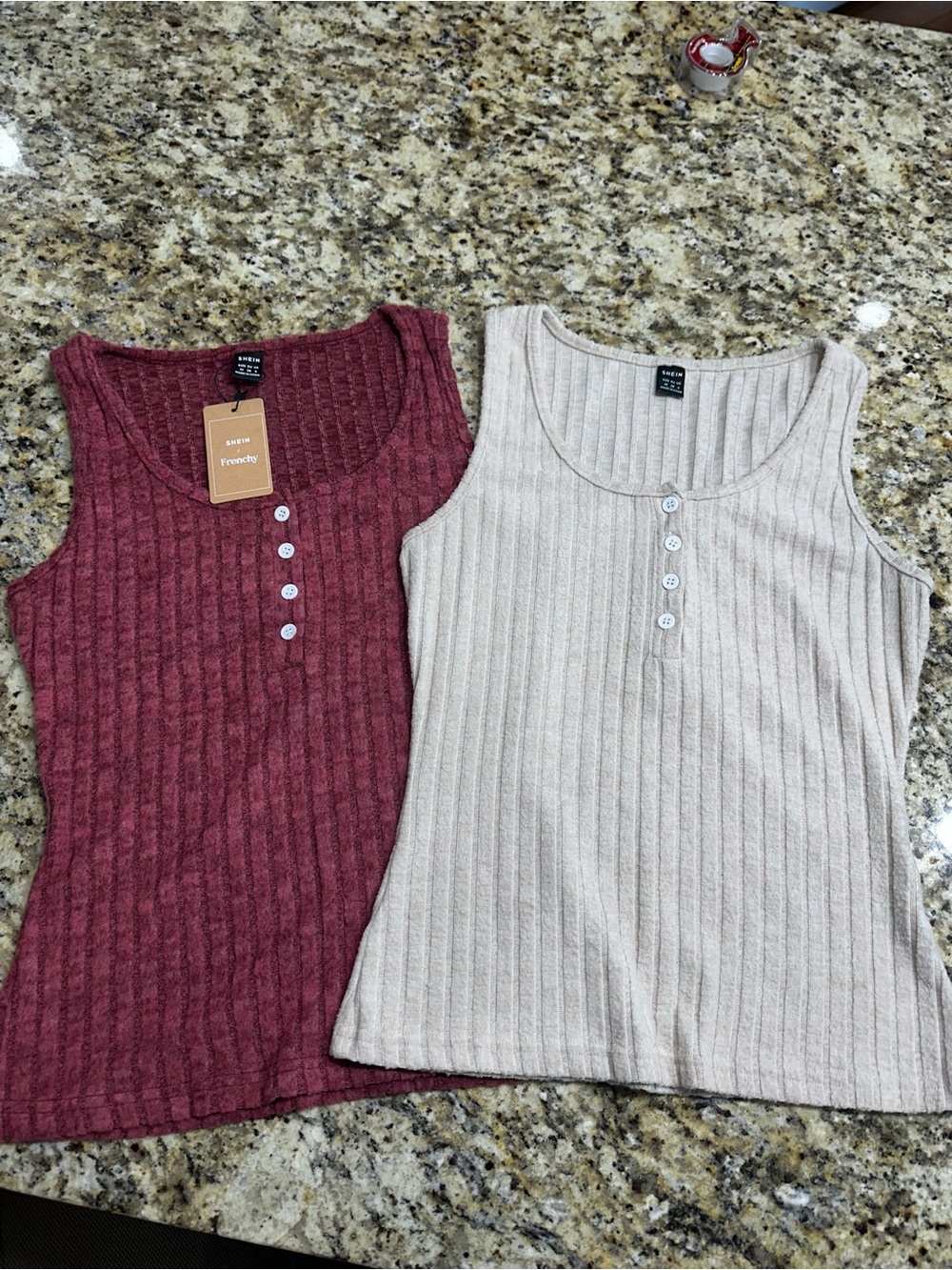 A New Day Ribbed Henley Tank Top - Burgundy and Beige lot of 2 Sz Medium